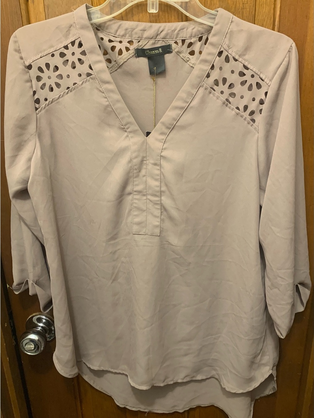 Cutout V-Neck Tunic in Taupe- Women Tops